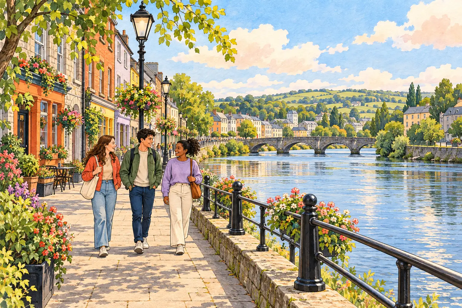 A hand-drawn view of Athlone, with local streets, greenery and young adults together.