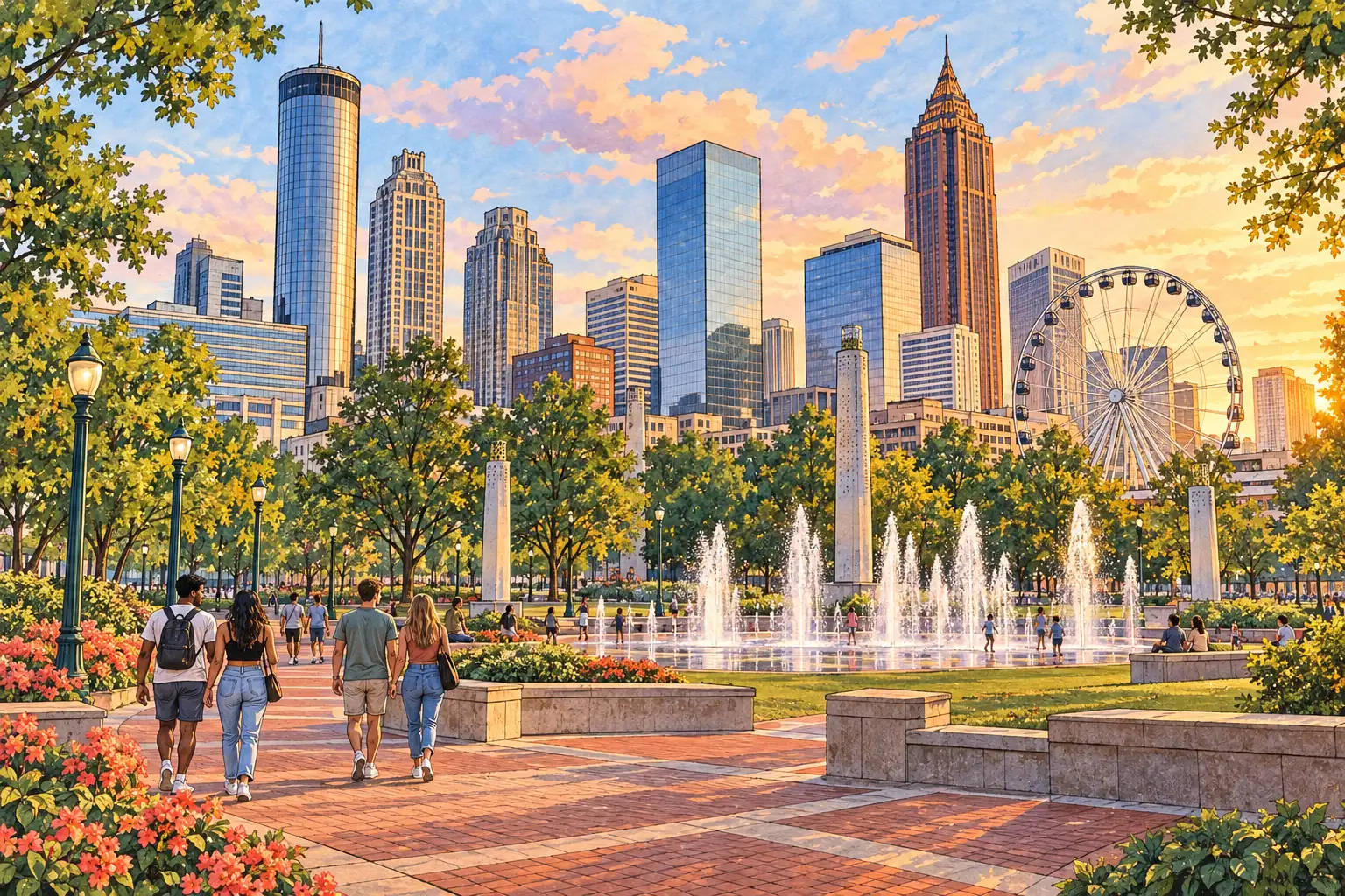 A hand-drawn Atlanta scene with downtown towers and Centennial Olympic Park fountains.