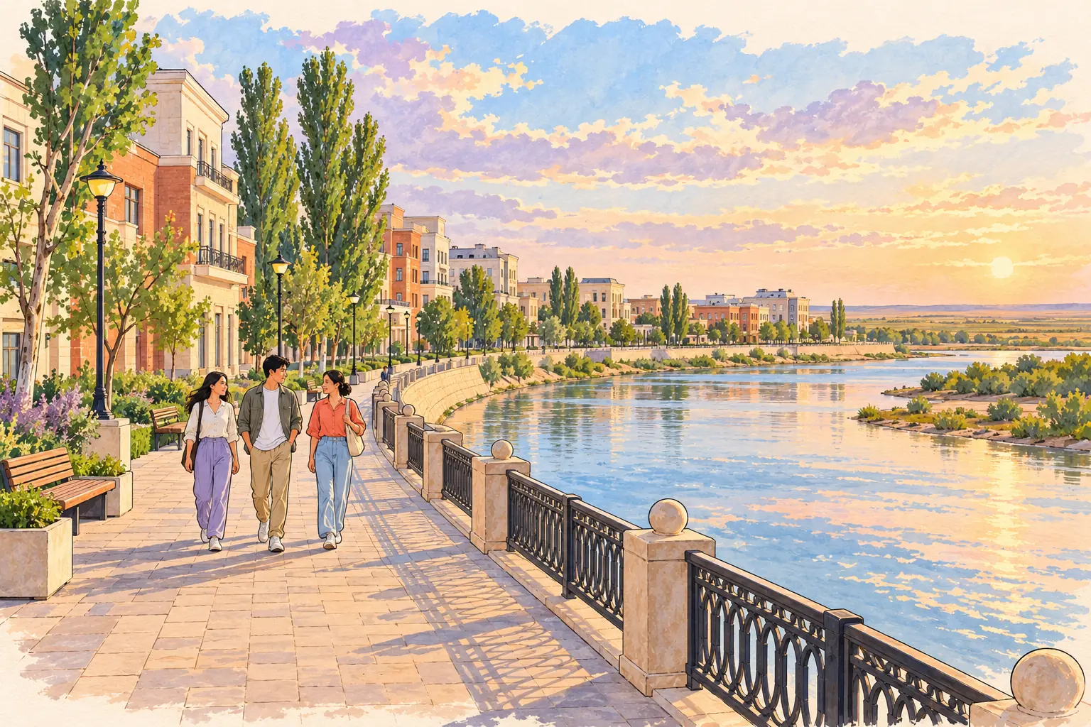 A hand-drawn Atyrau riverfront neighborhood with young adults walking beside poplars beneath an open steppe sky.