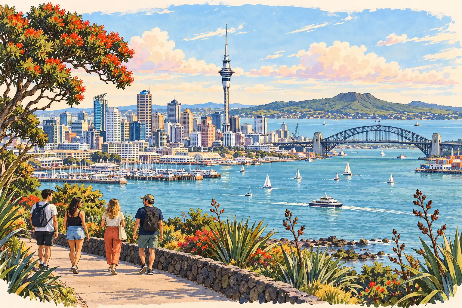 A hand-drawn Auckland waterfront with Sky Tower, the harbour bridge and green volcanic cones.