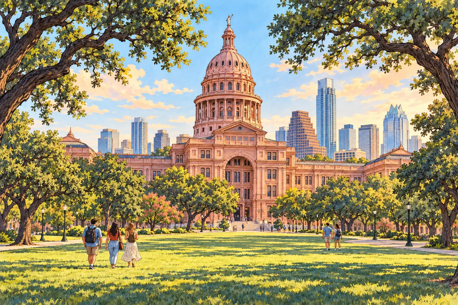 A hand-drawn scene of Austin centered on the pink granite dome of the Texas State Capitol.