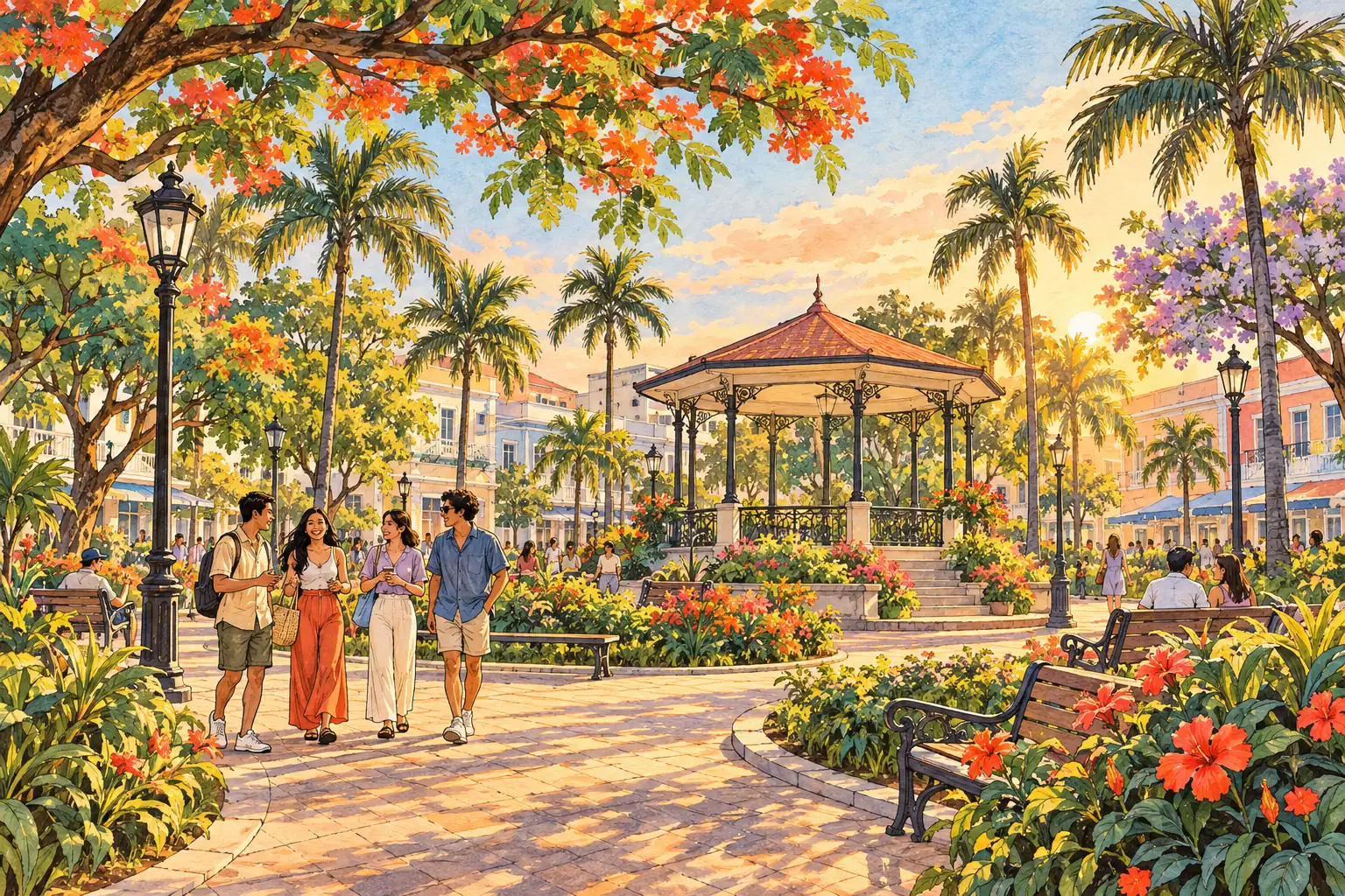 A hand-drawn generic civic garden in Bacolod City with palms and an open bandstand.