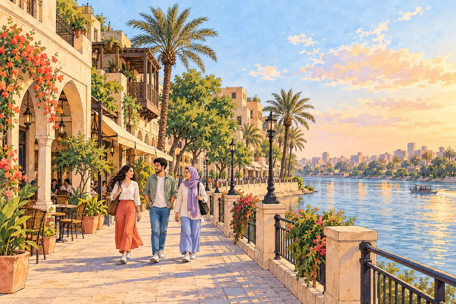 A hand-drawn Baghdad riverside promenade with date palms, pale city facades and young adults walking beside the river.