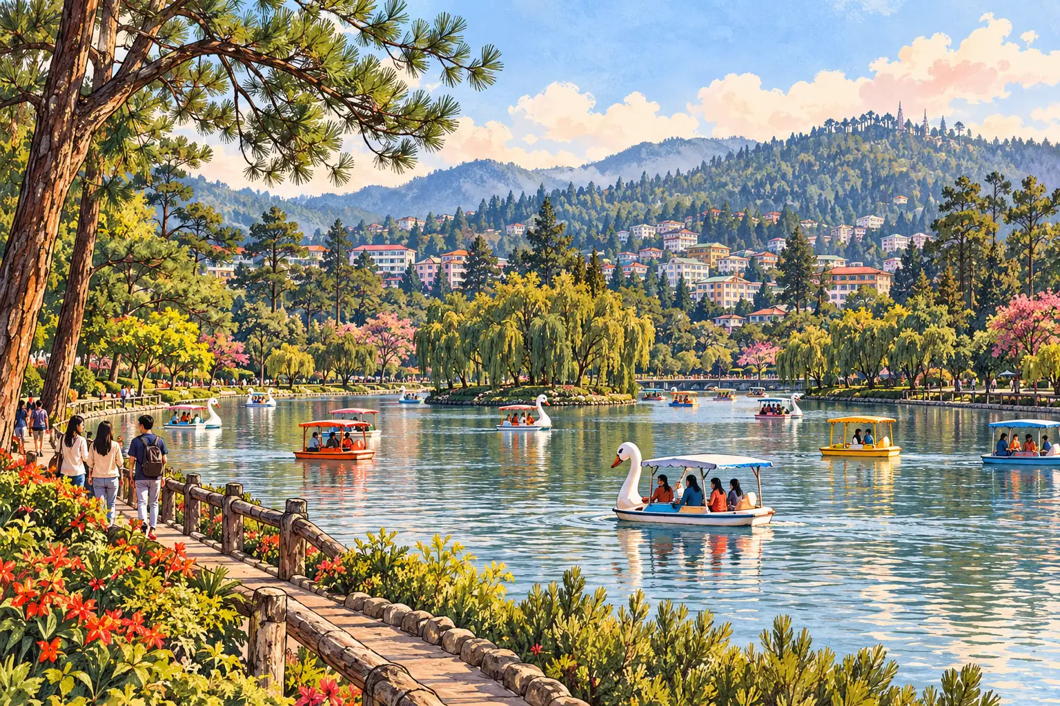 A hand-drawn view of Burnham Park’s lake, with pine-covered hills around Baguio.