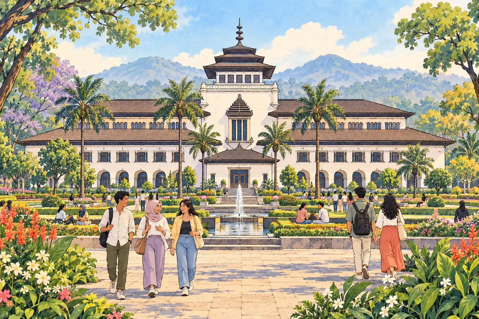 Young adults stroll through a leafy Bandung garden with the city and volcanic hills beyond.