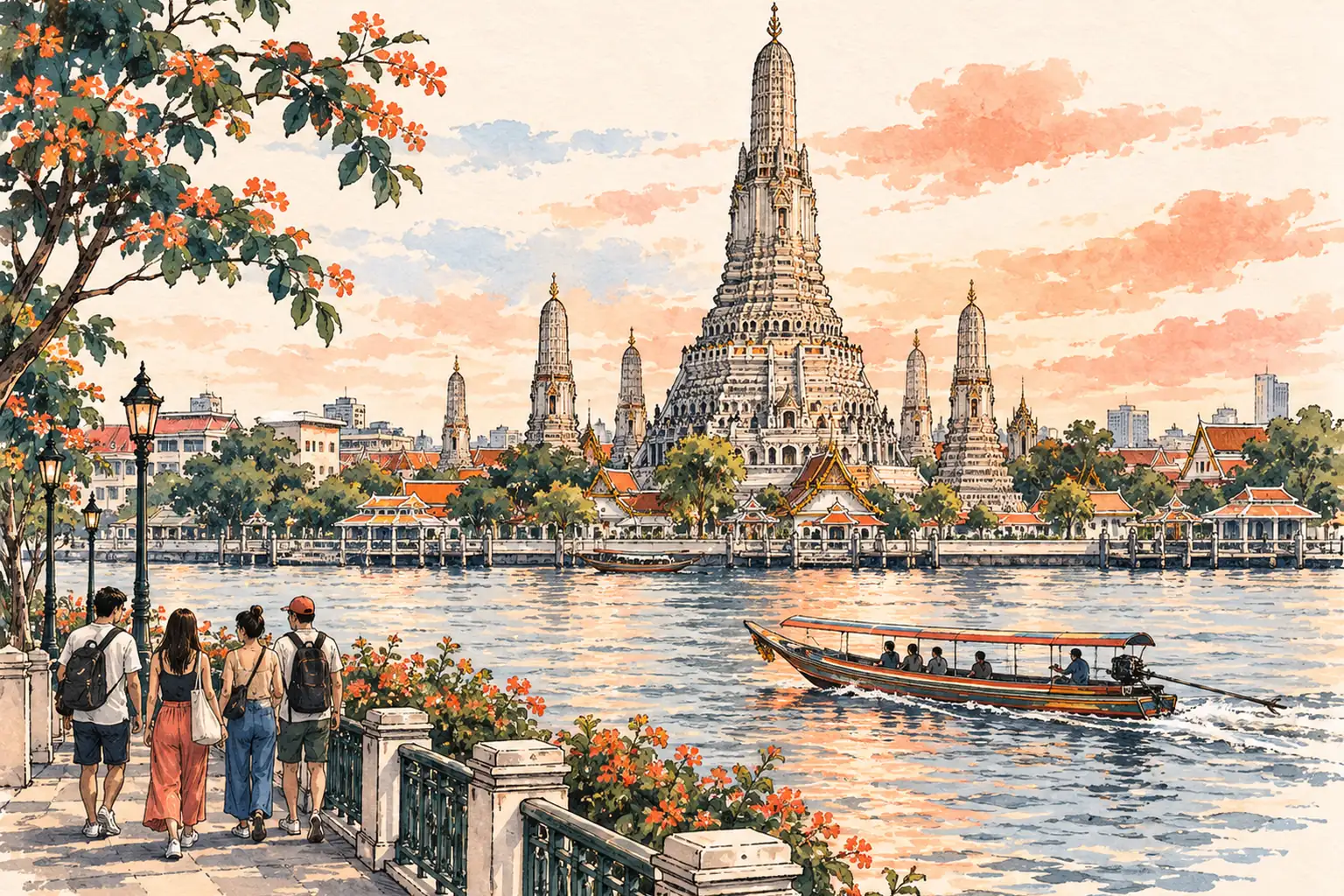 A hand-drawn view of Bangkok’s Wat Arun beside the Chao Phraya River, with young adults along the waterfront.
