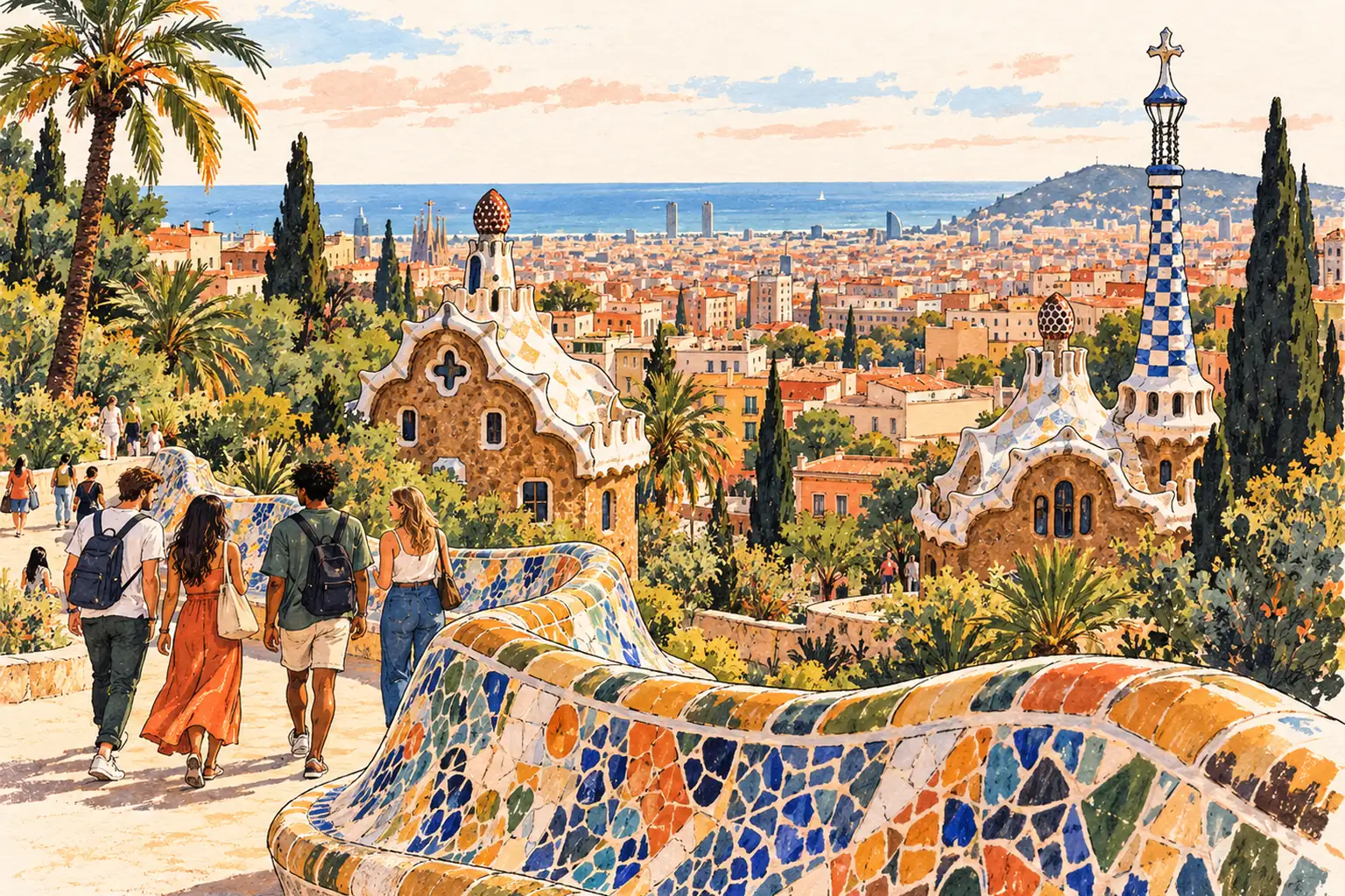A hand-drawn Barcelona view of Park Güell’s tiled terraces above the city, with young adults in the garden.