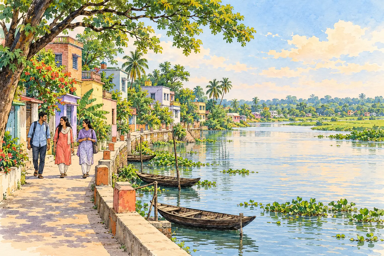 A hand-drawn Barishal riverfront with young adults walking beside small boats and leafy riverside homes.