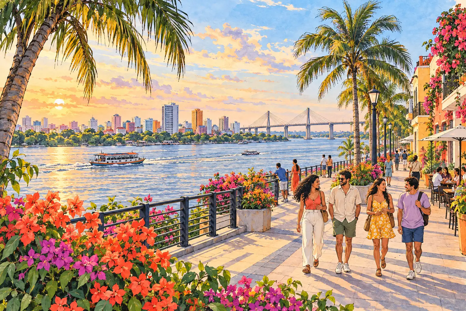 A hand-drawn generic view of Barranquilla’s Caribbean riverfront, with young adults walking beside the Magdalena River.
