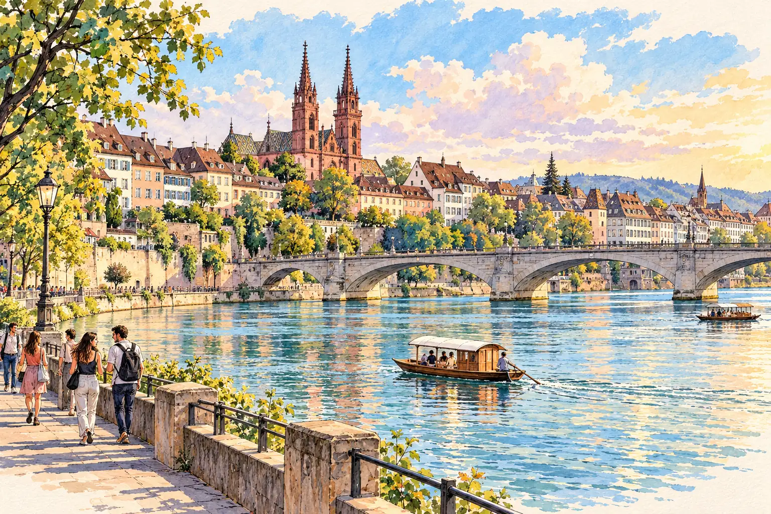 A hand-drawn view of Basel’s Rhine waterfront, with the red sandstone Minster, old-town rooftops and young adults walking along the river.