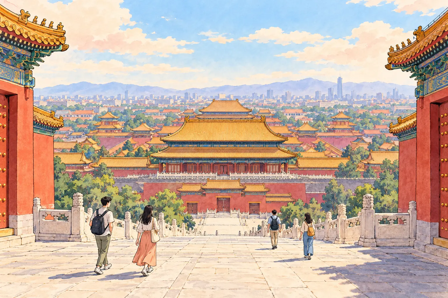 A hand-drawn view of Beijing’s Forbidden City palace roofs and red walls, with young adults walking across the stone plaza.