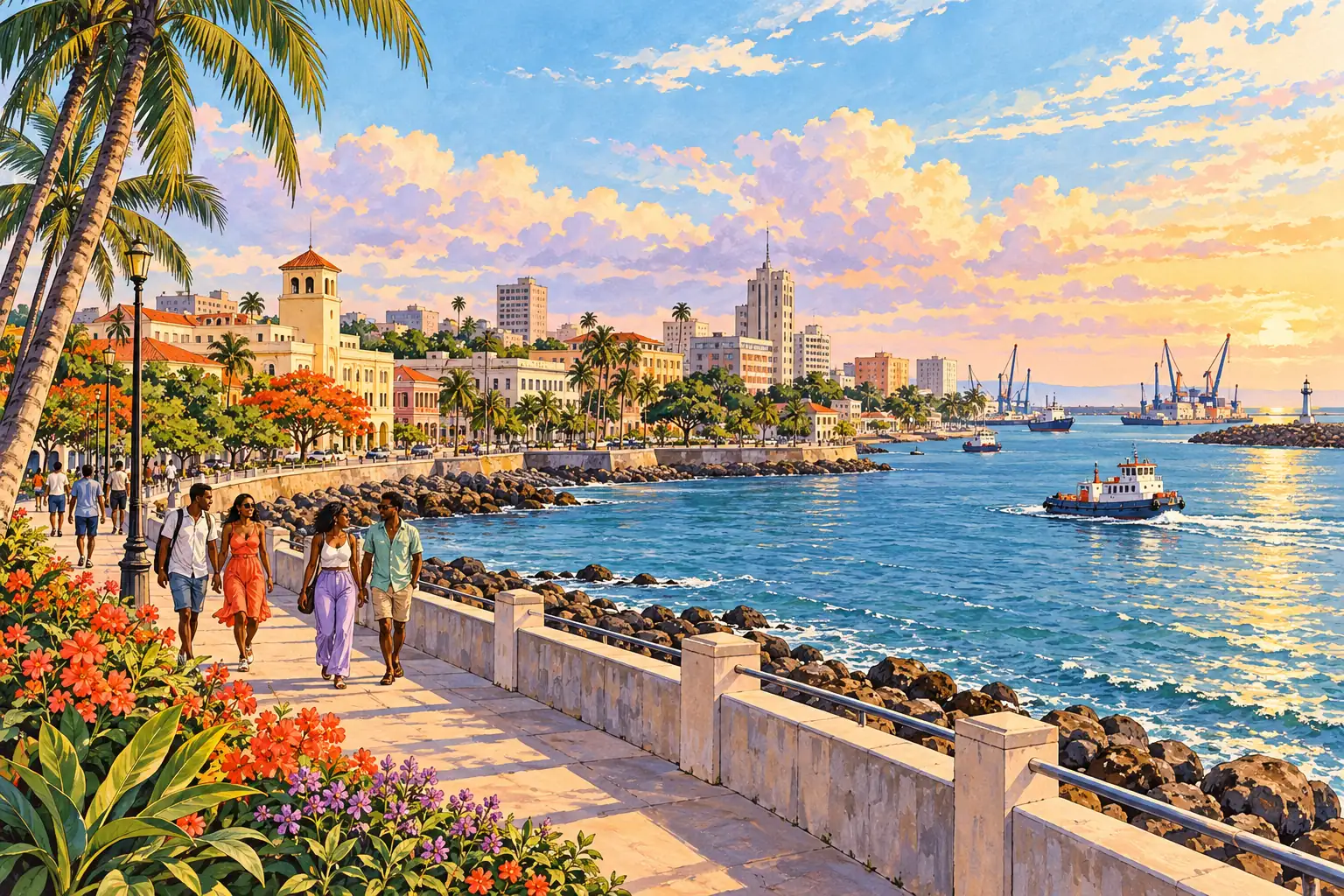 A hand-drawn generic view of Beira, with young adults walking along the Indian Ocean waterfront beneath palm trees.