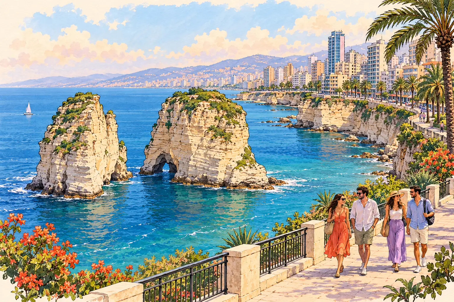 A hand-drawn view of Beirut’s Pigeon Rocks at Raouche, with young adults strolling along the Mediterranean corniche.