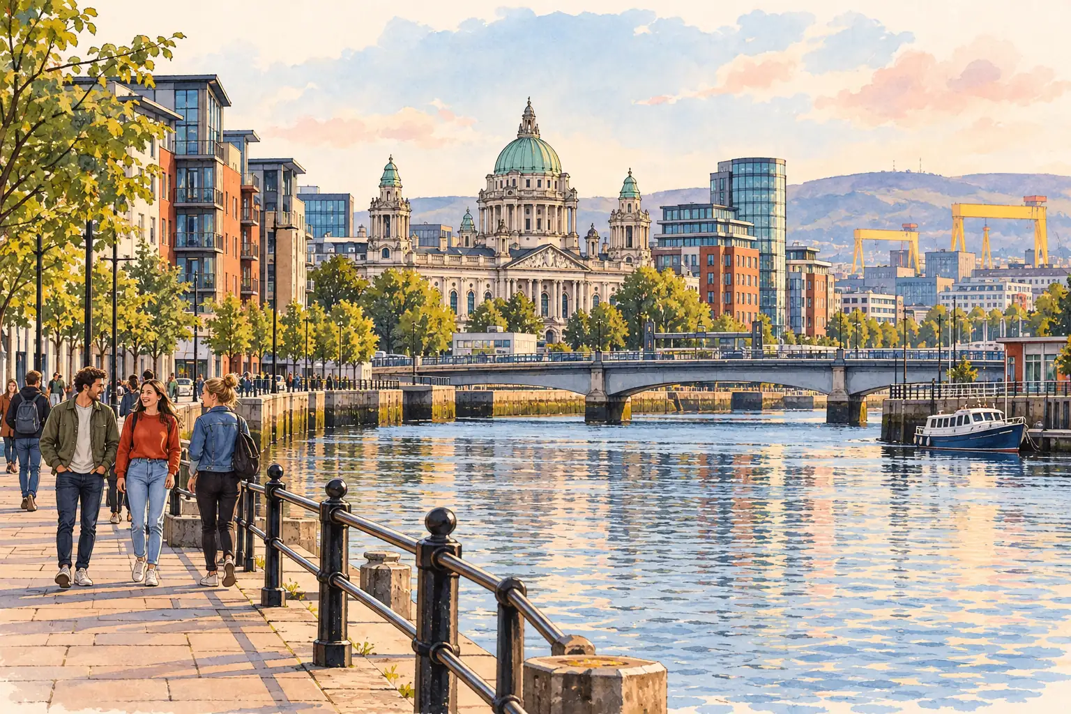 A hand-drawn view of Belfast City Hall above the River Lagan waterfront.