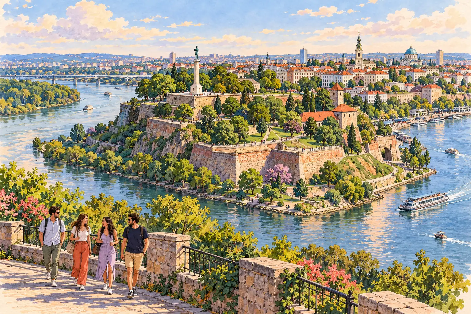 A hand-drawn view of Belgrade’s Kalemegdan Fortress above the Sava and Danube rivers, with young adults walking nearby.