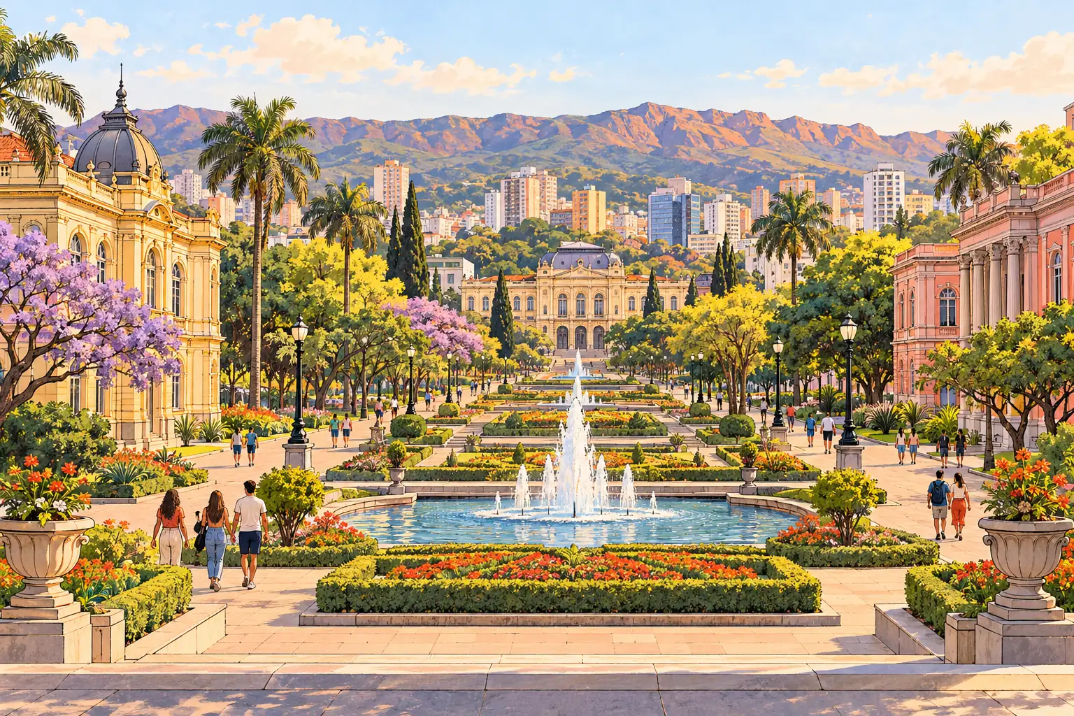 A hand-drawn view of Praça da Liberdade’s gardens and civic buildings in Belo Horizonte.