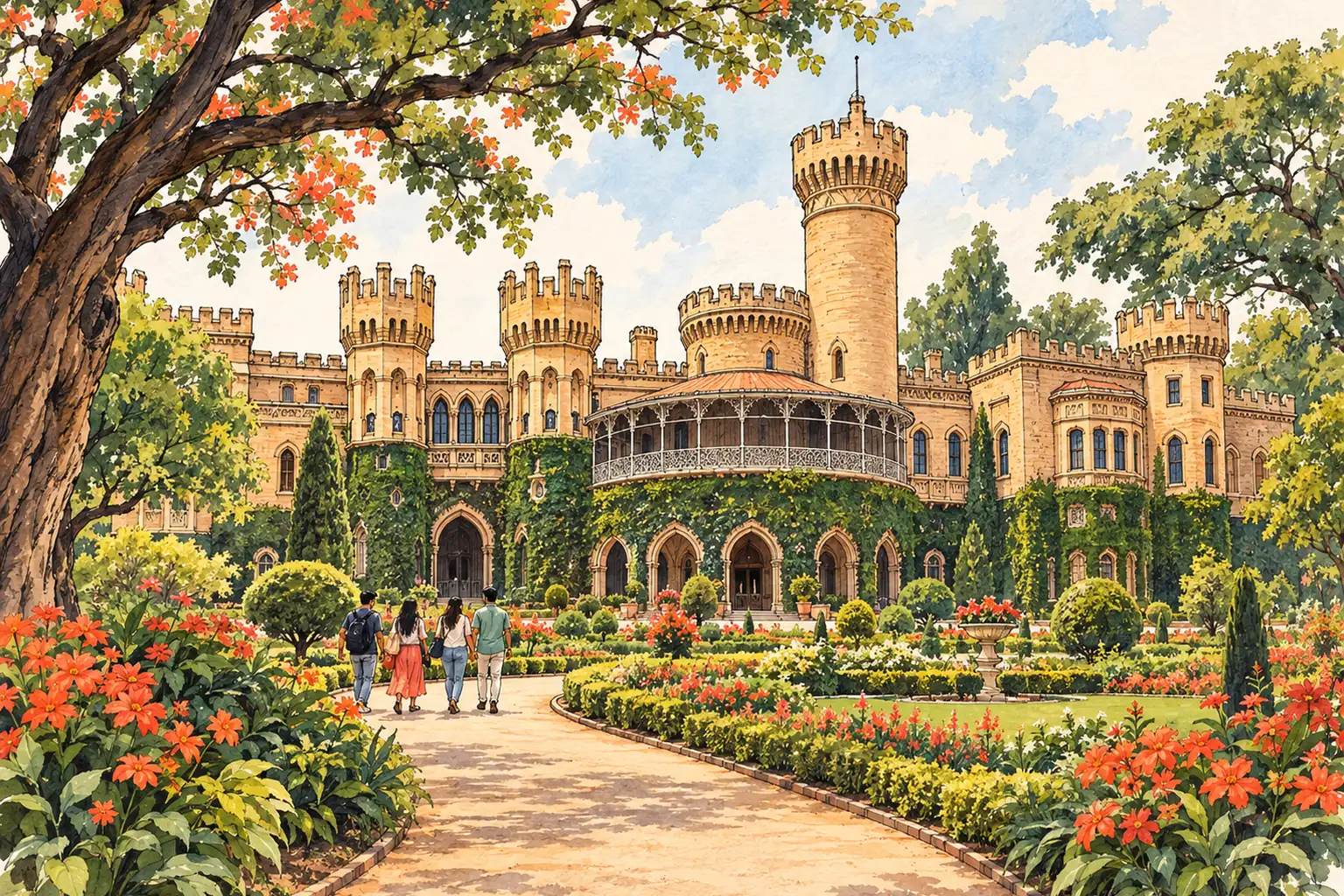 A hand-drawn view of Bengaluru’s Bangalore Palace among garden trees, with young adults walking along the path.
