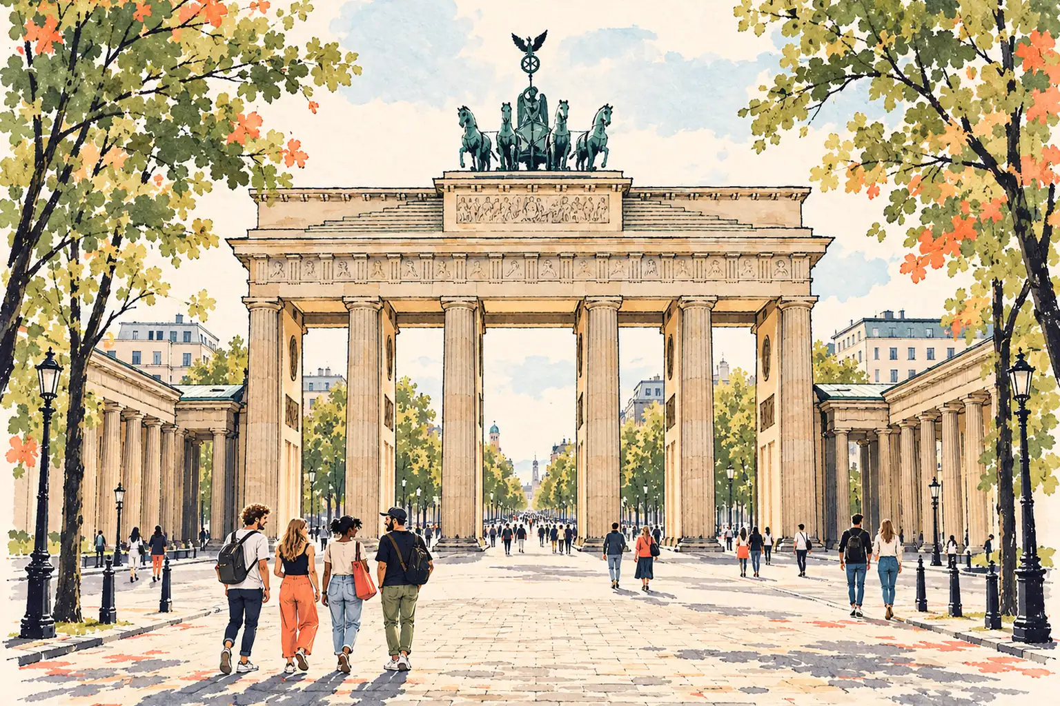 A hand-drawn view of Berlin’s Brandenburg Gate on a leafy boulevard, with young adults walking through the plaza.