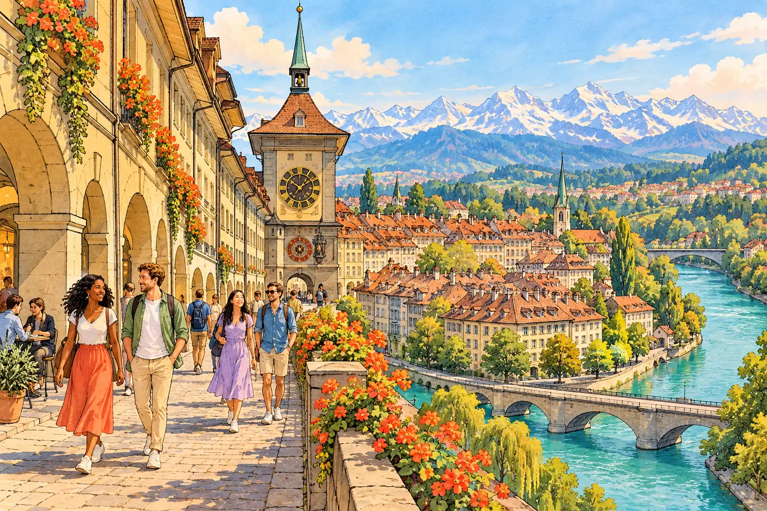 A hand-drawn view of Bern’s Zytglogge and sandstone old town beside the Aare, with Alpine peaks beyond.