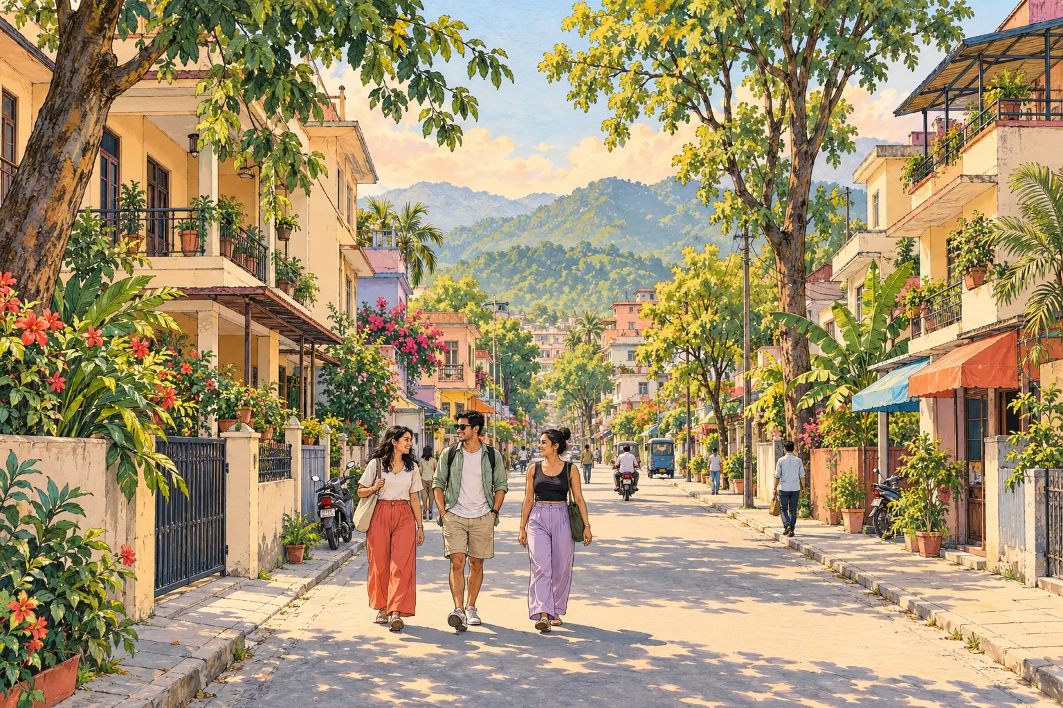 A hand-drawn Bharatpur streetscape with shady subtropical trees, foothills and young adults walking together.