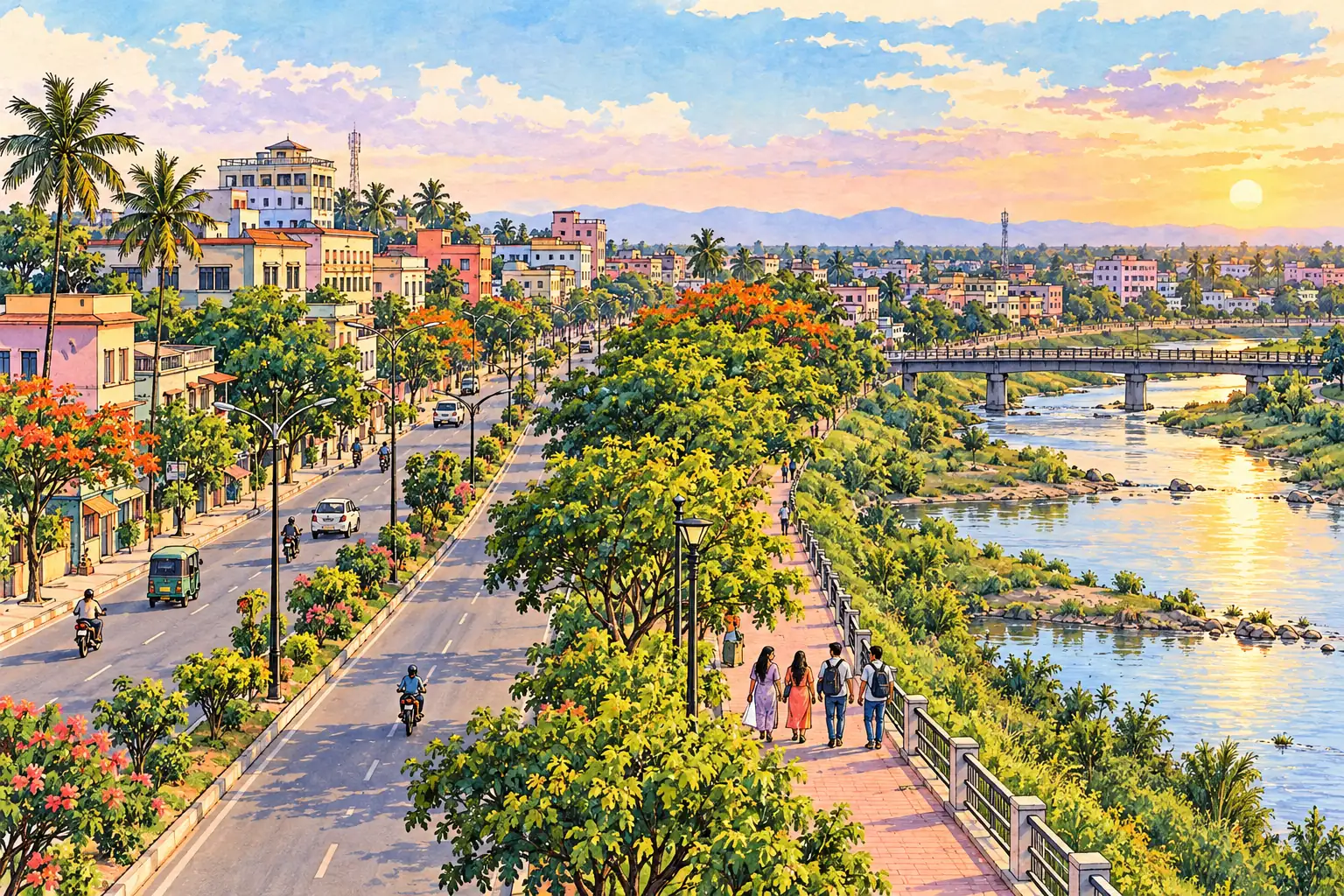 A hand-drawn generic view of Biratnagar, with young adults walking beside a green riverbank and low-rise city buildings.