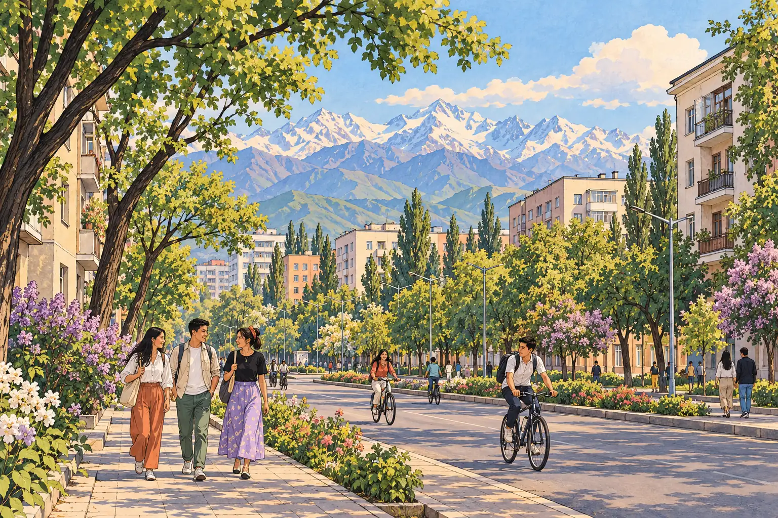 Young adults cycle along a leafy Bishkek boulevard with the Kyrgyz Ala-Too mountains beyond.