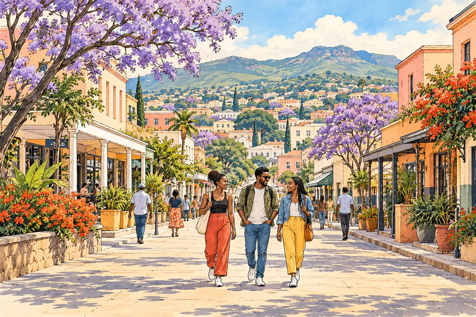 A hand-drawn Blantyre street with pale low-rise buildings, jacaranda trees and young adults walking beneath green highland hills.