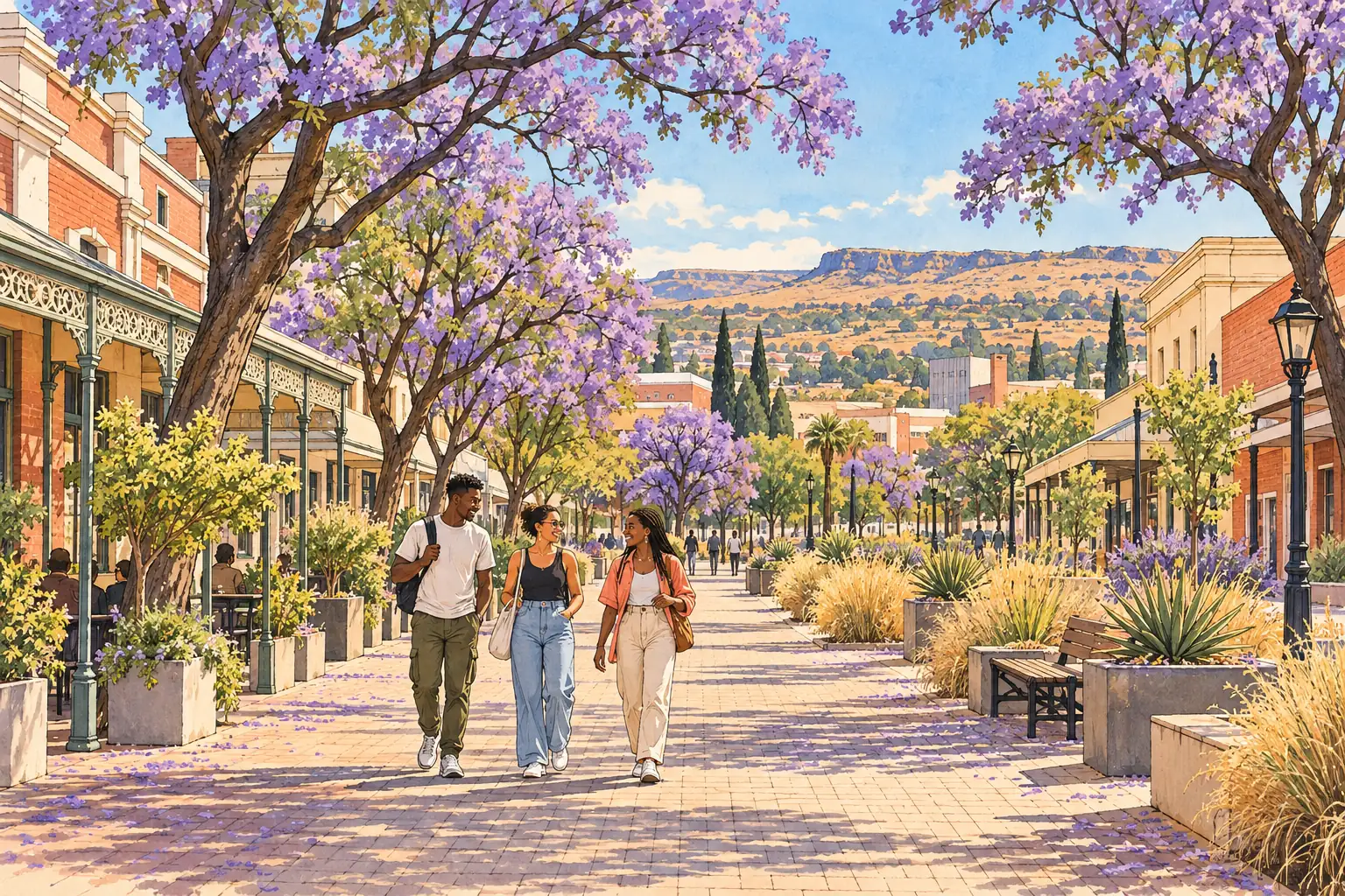 A hand-drawn Bloemfontein avenue with red brick buildings, flowering jacaranda trees and young adults walking together.