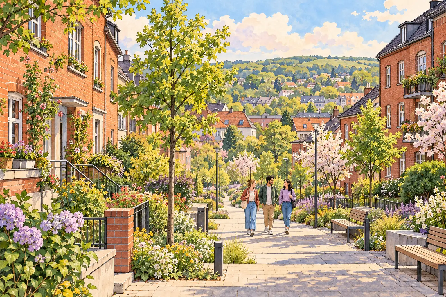 A hand-drawn Bochum neighborhood with young adults walking through a green park among red-brick buildings.