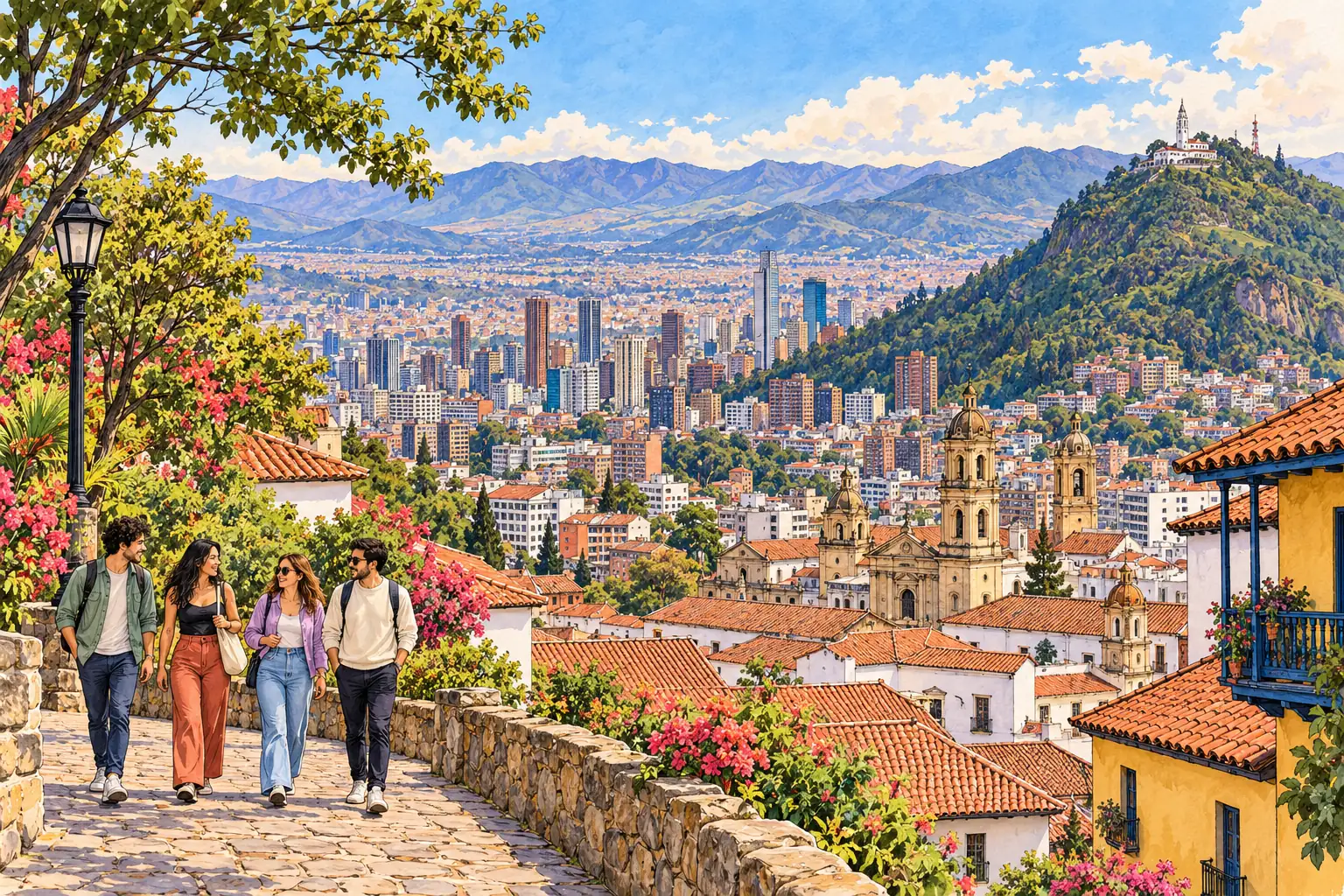 A hand-drawn Bogotá cityscape with Monserrate above red-tiled roofs and the Andes.