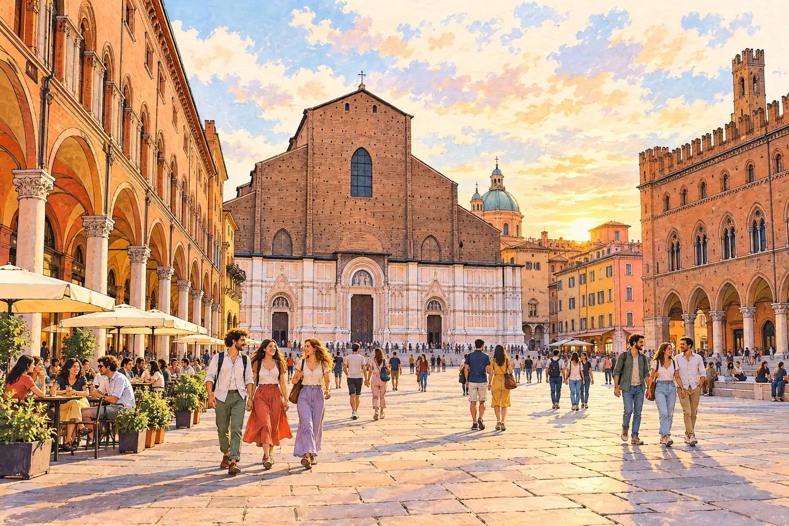 A hand-drawn view of Bologna’s Piazza Maggiore, with terracotta arcades, the Basilica of San Petronio and young adults crossing the square.