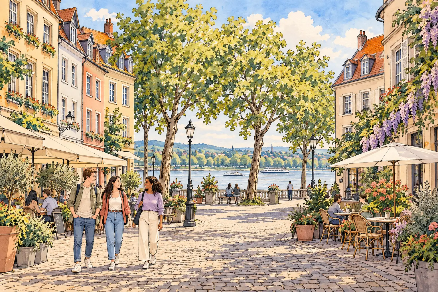 A hand-drawn Bonn riverside square with pastel facades, leafy trees and young adults walking together.