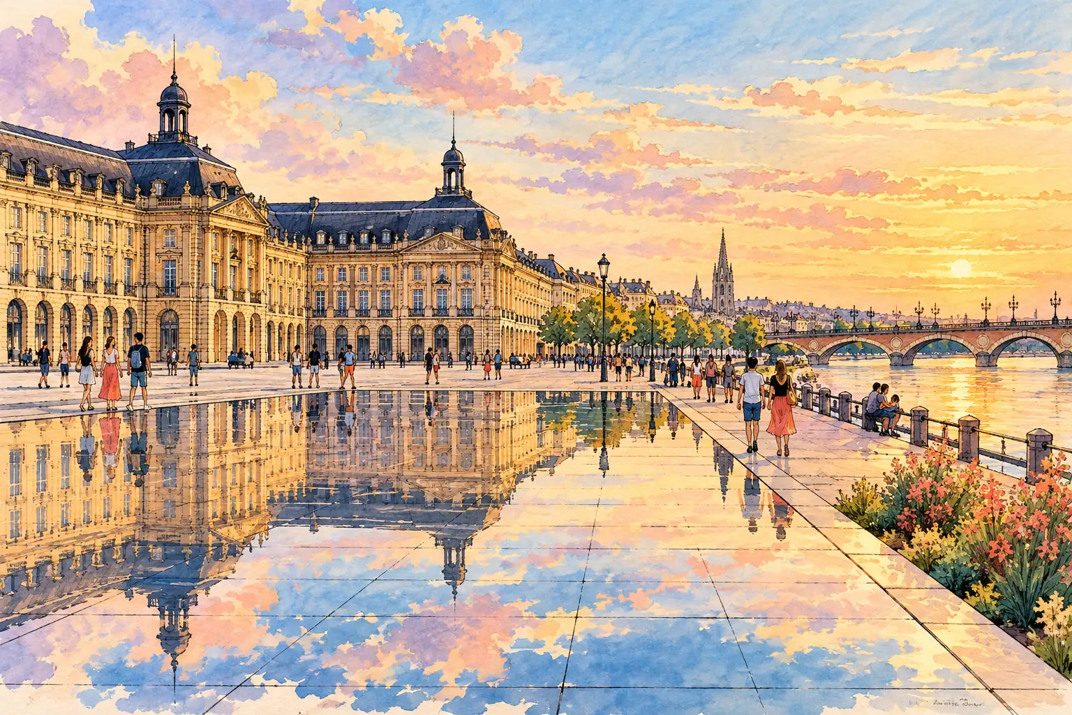 A hand-drawn view of Bordeaux’s Place de la Bourse reflected in the Miroir d’eau beside the Garonne River.