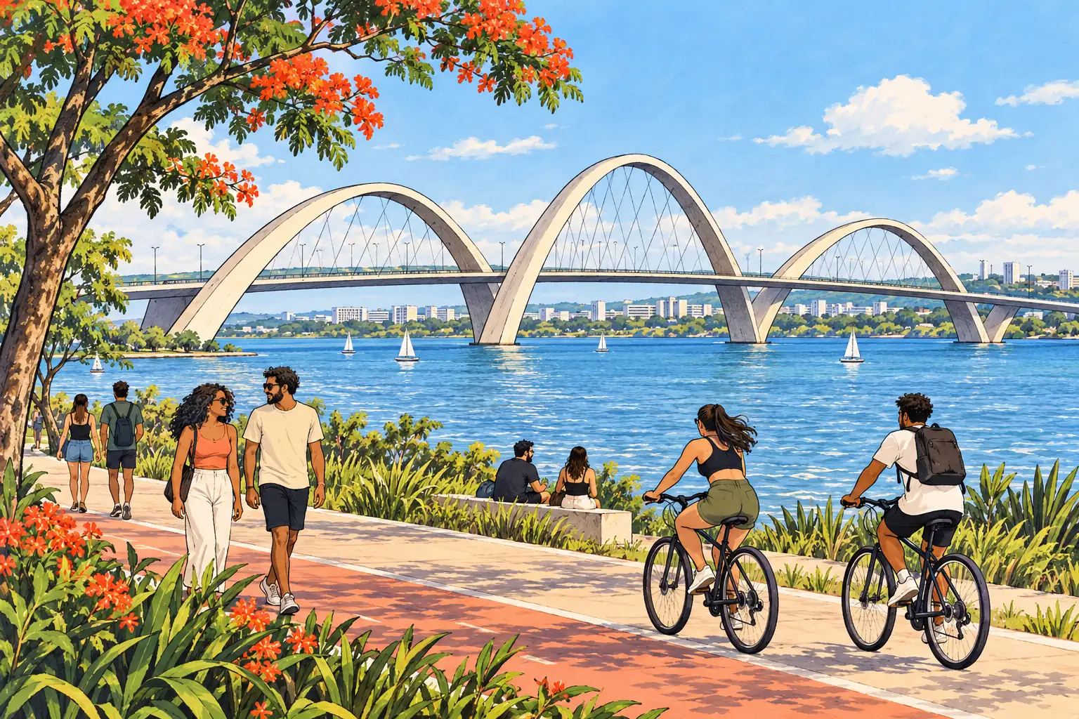 Young adults enjoy the lakeside promenade beneath Brasília’s sweeping JK Bridge.