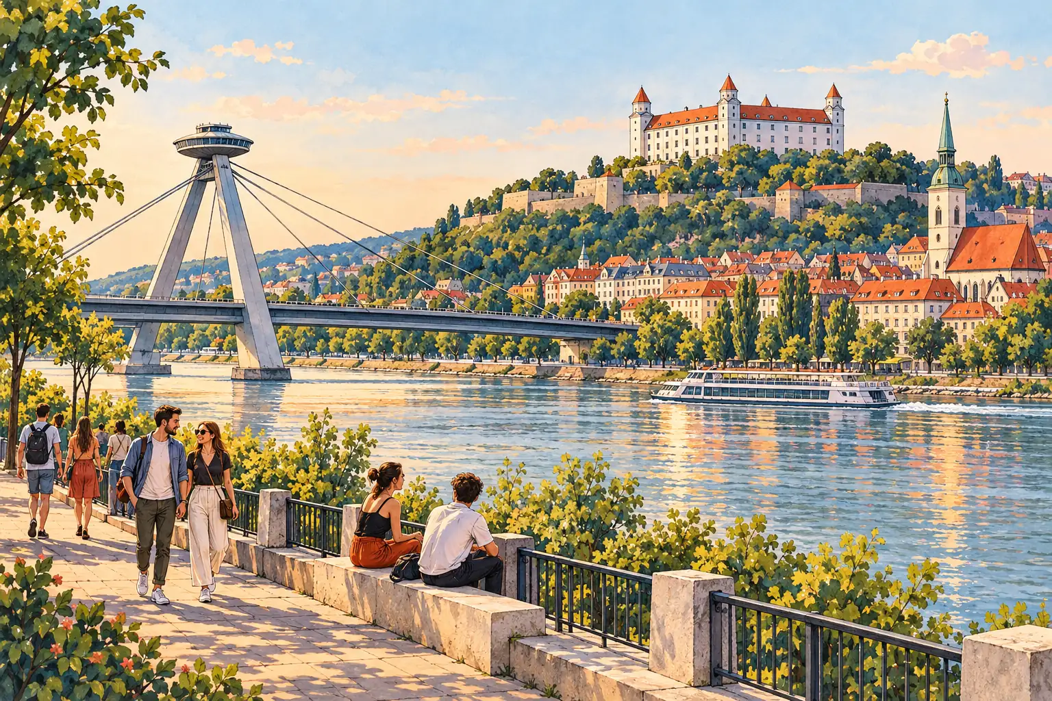 A hand-drawn view of Bratislava’s UFO bridge across the Danube and the Old Town below its castle hill.