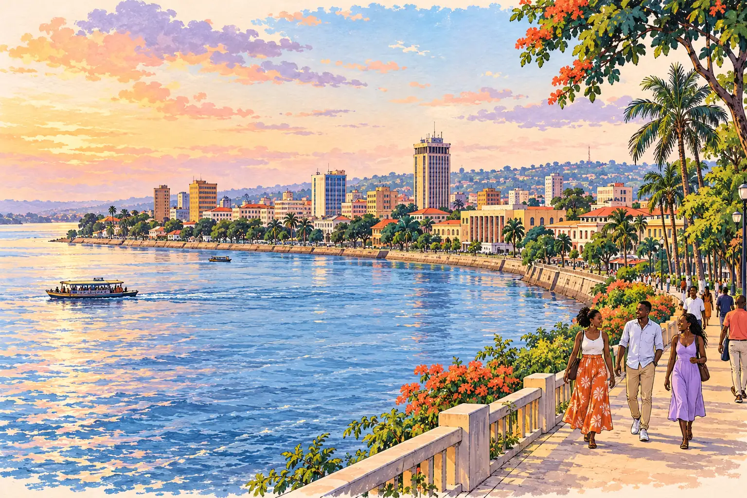 A hand-drawn generic view of Brazzaville, with young adults walking along the Congo River waterfront beneath a leafy skyline.