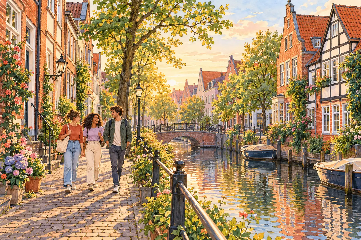 A hand-drawn view of Bremen, with local streets, greenery and young adults together.