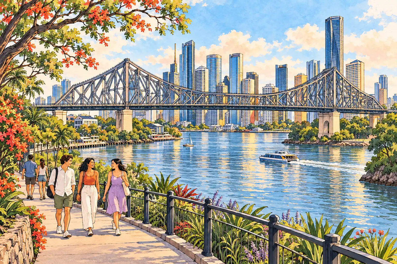A hand-drawn Brisbane waterfront with Story Bridge, the river and the city skyline.