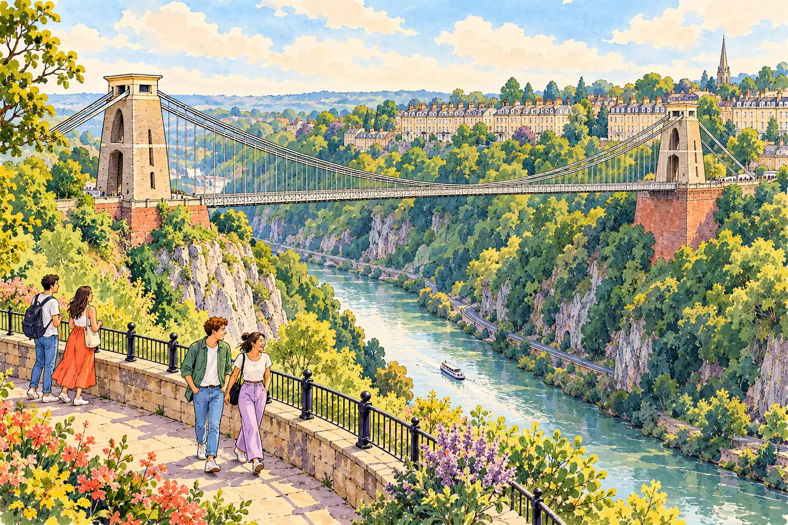 A hand-drawn view of Bristol’s Clifton Suspension Bridge over the Avon Gorge, with young adults at a viewpoint.
