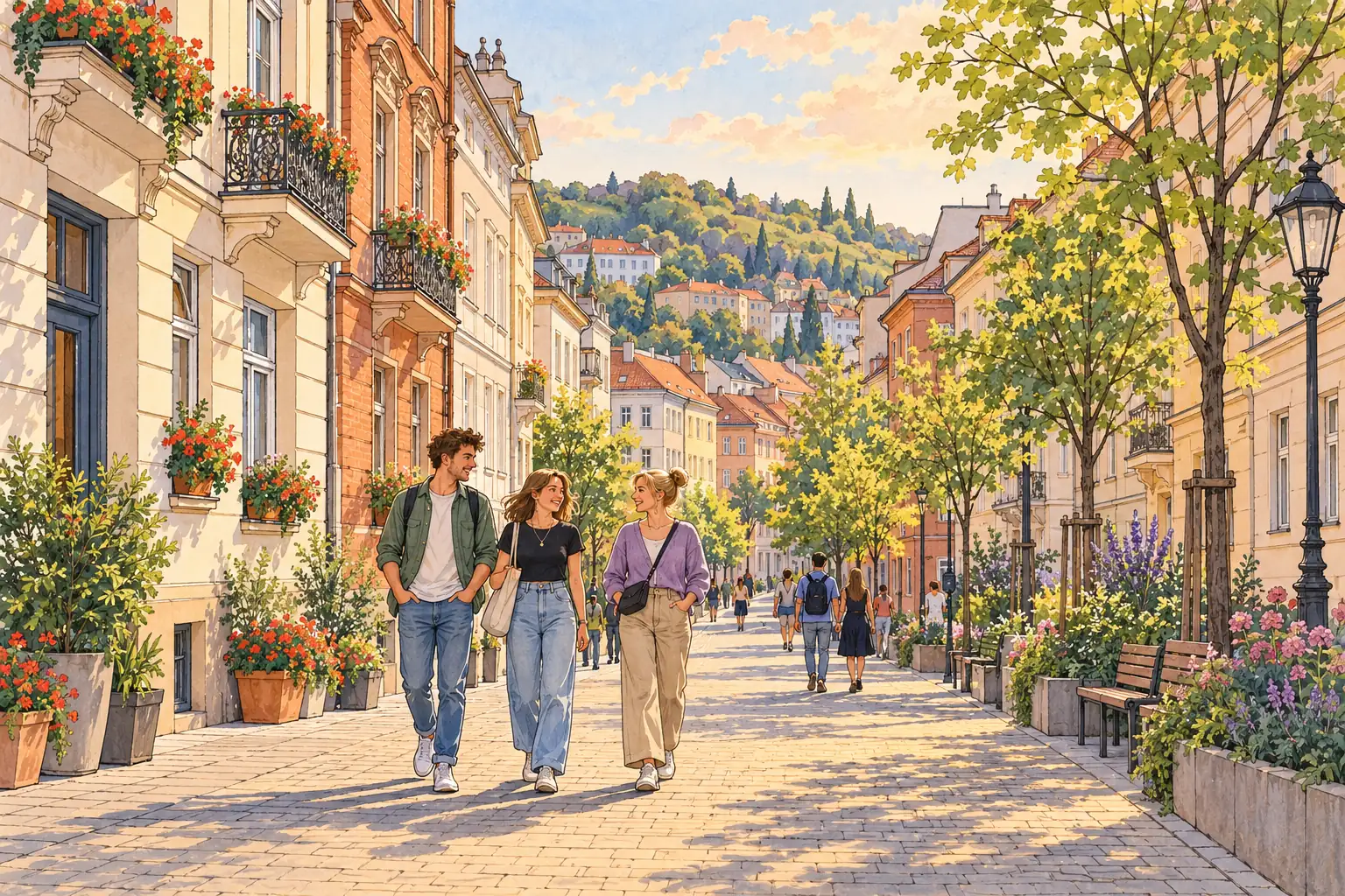 A hand-drawn Brno streetscape with pale townhouses, leafy gardens and young adults walking together.