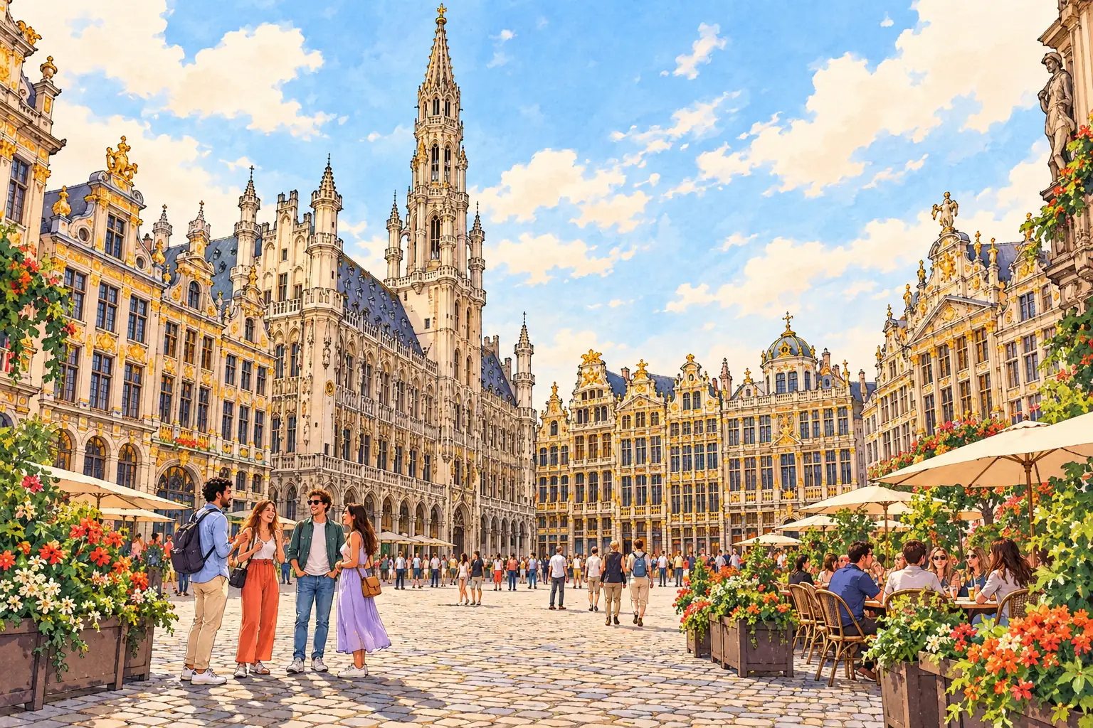 A hand-drawn view of Brussels’ Grand-Place, with ornate guild houses and young adults meeting in the square.