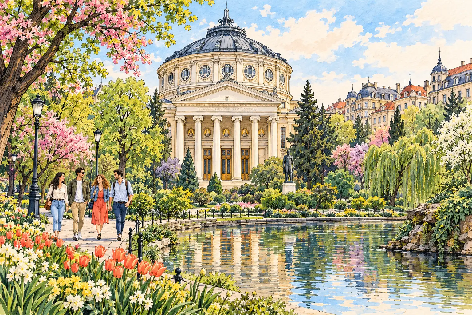A hand-drawn Bucharest park scene with the Romanian Athenaeum and young adults by the lake.