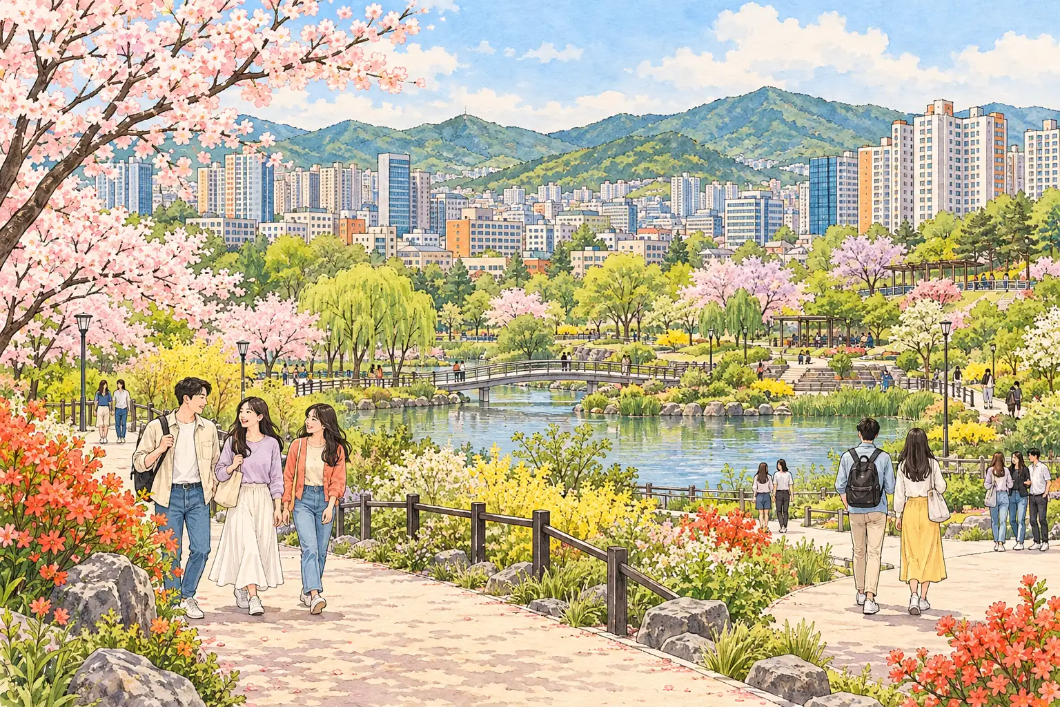 A hand-drawn generic view of Bucheon-si, with a spring park, modern city buildings and young adults walking together.
