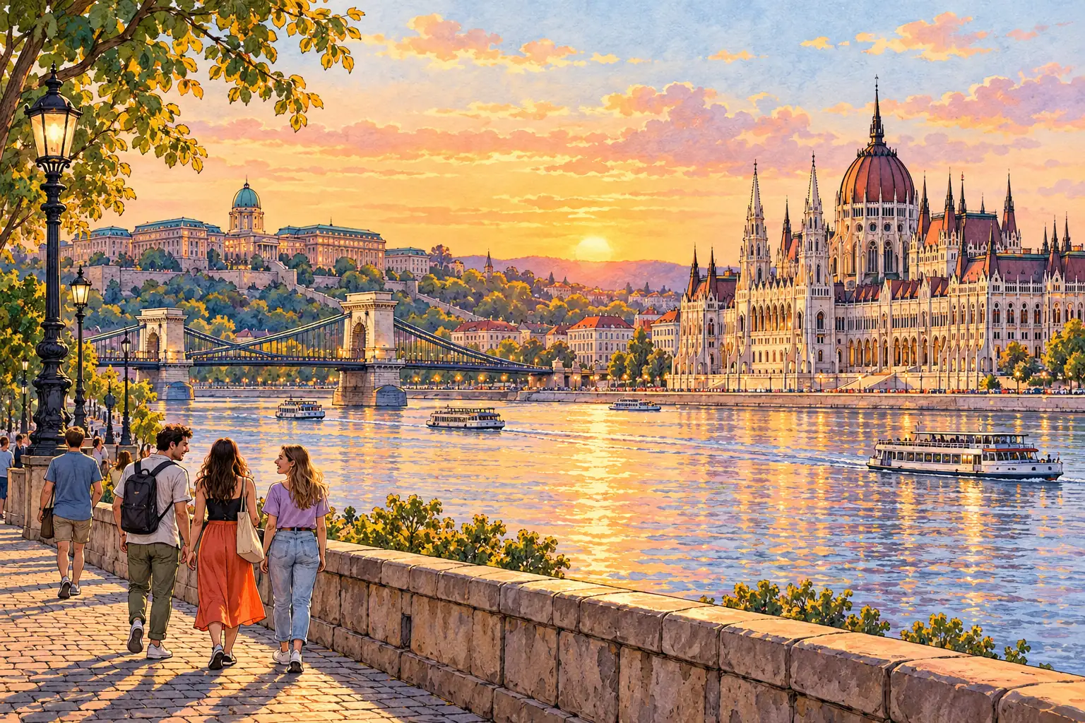 A hand-drawn Budapest panorama with Parliament, Chain Bridge and Buda Castle at sunset.