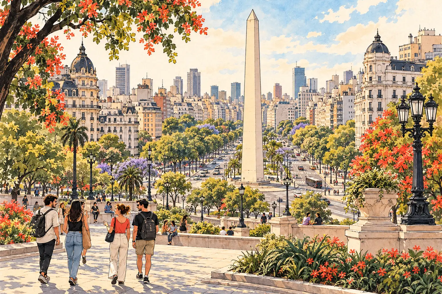 A hand-drawn view of Buenos Aires with the Obelisk above a leafy avenue and young adults in a plaza.