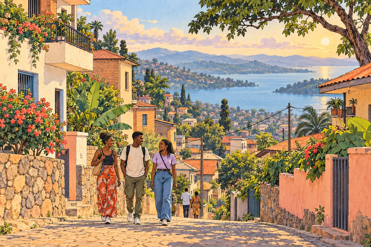 A hand-drawn Bukavu hillside streetscape with warm brick homes, Lake Kivu and young adults walking together.