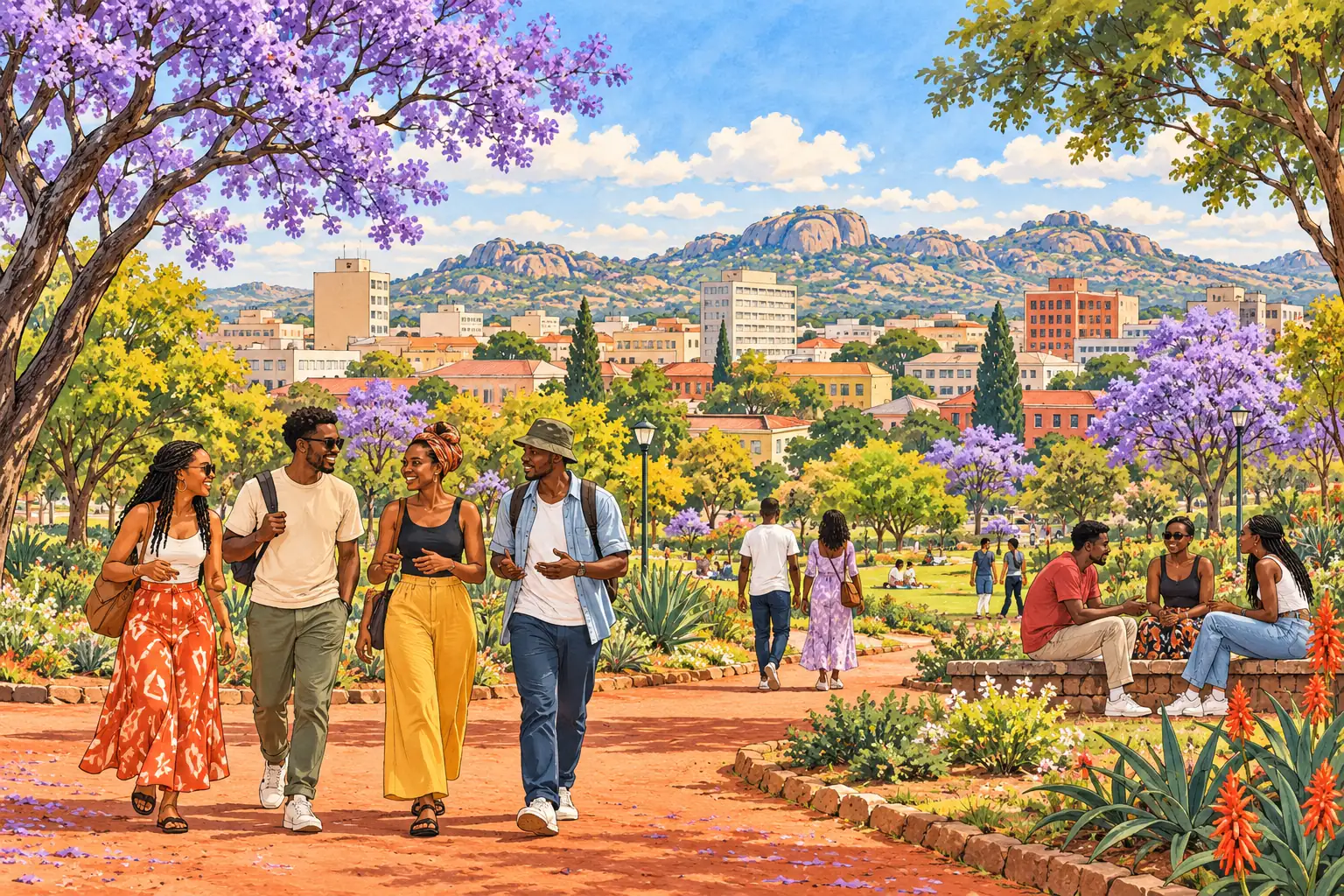 A hand-drawn generic view of Bulawayo, with a jacaranda-lined city park, low-rise buildings and rounded hills.
