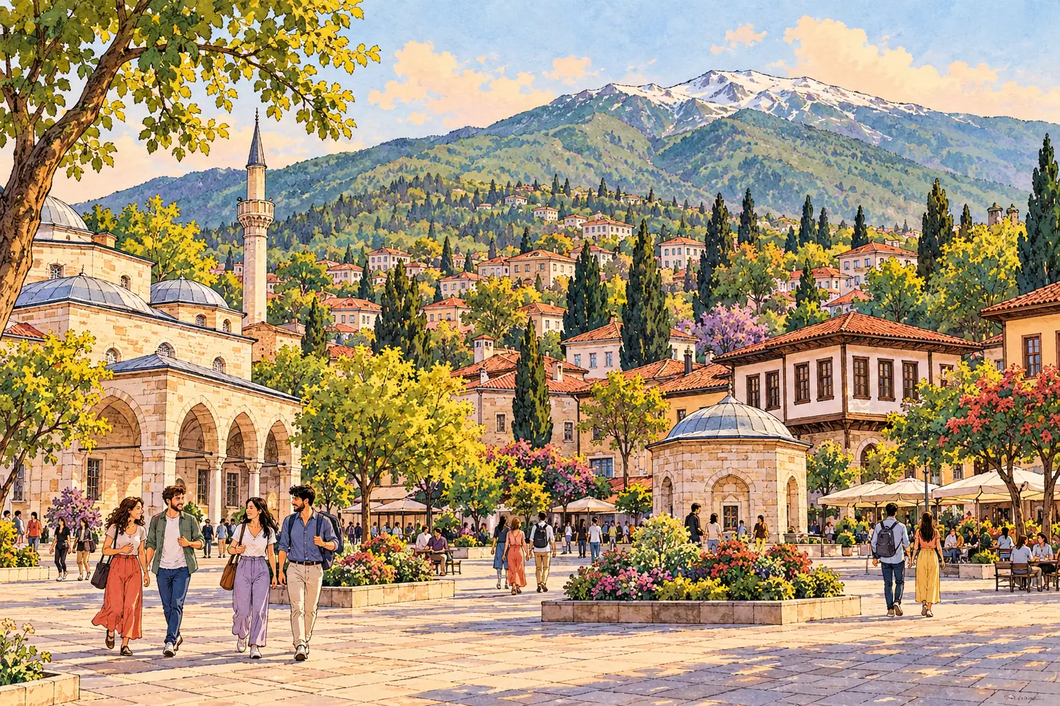 A hand-drawn generic view of Bursa, with young adults crossing a leafy square beneath the slopes of Mount Uludağ.