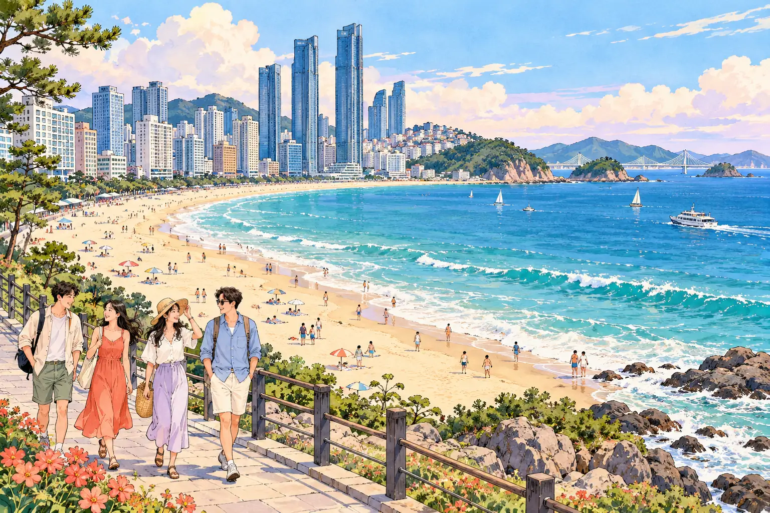 A hand-drawn view of Busan’s Haeundae Beach and coastal skyline, with young adults enjoying the waterfront.