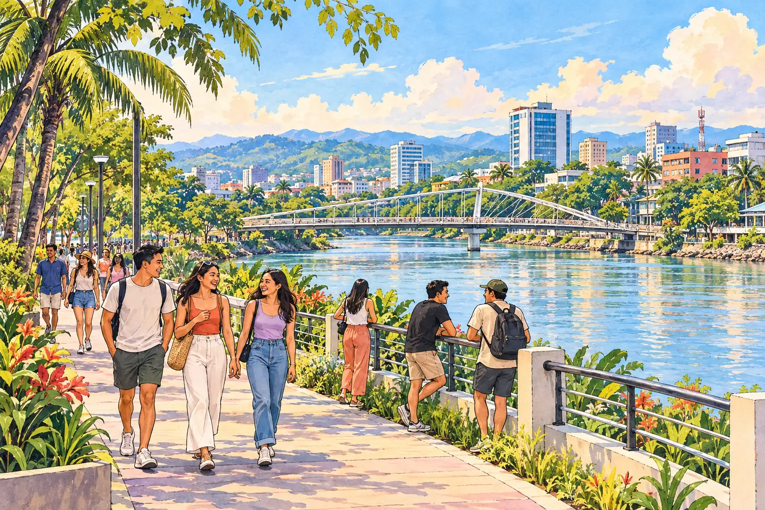 A hand-drawn generic view of Cagayan de Oro, with a tropical riverside promenade and young adults enjoying the path.